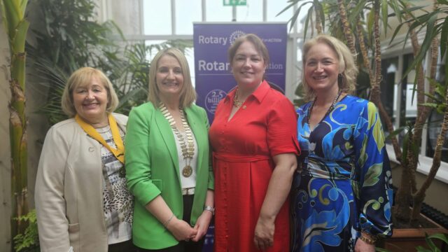 . Lucy Nevins, Paula Malone Carty, and Gina Arcari were officially welcomed as Rotarians at recent lunch meetings held at the Riverbank Hotel, where they received their Rotary pins.